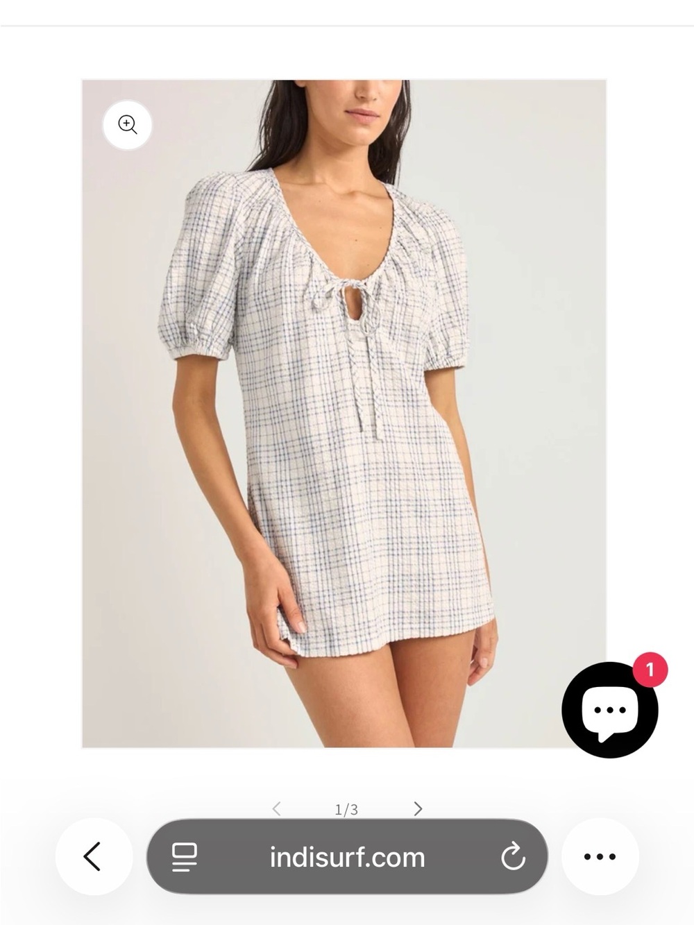 Rhythm Cream and Blue Checked Puff-Sleeve Mini Dress